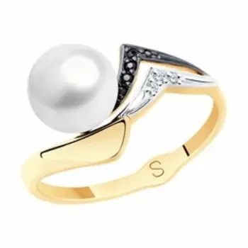 Золотое кольцо с жемчугом и фианитами