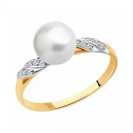 Золотое кольцо с жемчугом и фианитами