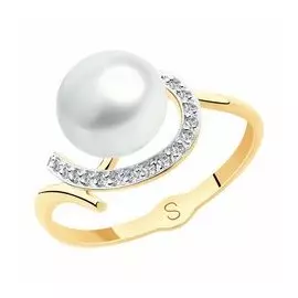 Золотое кольцо с жемчугом и фианитами