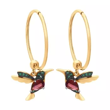 Золотые серьги-конго с родолитами "Колибри"