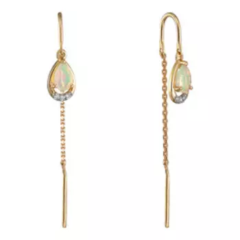 Золотые серьги-протяжки с натуральными опалами и бриллиантами