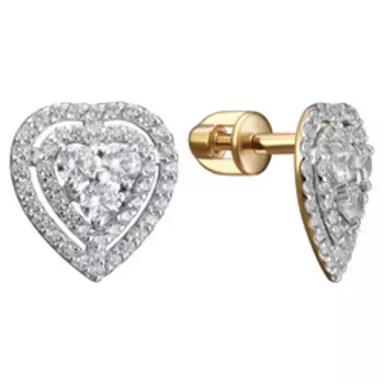 Золотые серьги-пусеты с фианитами "Сердца"