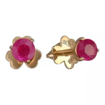 Золотые серьги-пусеты с рубинами "Цветы"