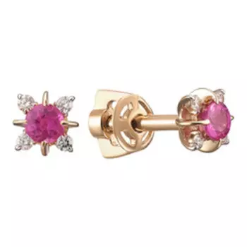 Золотые серьги-пусеты с рубинами и бриллиантами