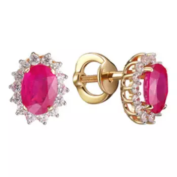Золотые серьги-пусеты с рубинами и фианитами
