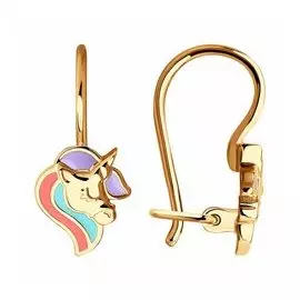 Золотые серьги с эмалью "Единорог"