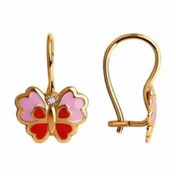 Золотые серьги с эмалью и фианитами "Бабочки"