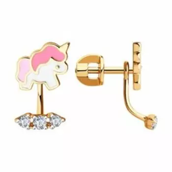 Золотые серьги с эмалью и фианитами "Единорог"