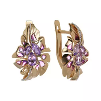 Золотые серьги с аметистами и эмалью "Цветы"
