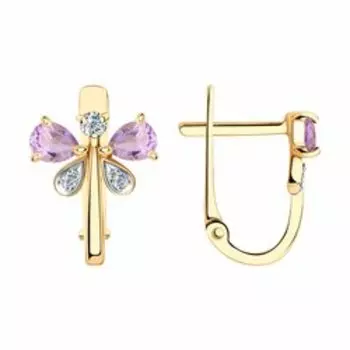 Золотые серьги с аметистами и фианитами