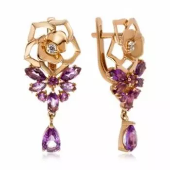Золотые серьги с аметистами и фианитами "Цветы"