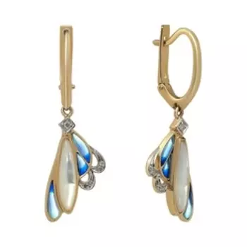 Золотые серьги с бриллиантами, перламутром и эмалью