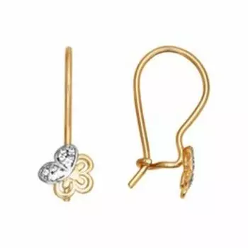 Золотые серьги с фианитами "Бабочка на цветке"