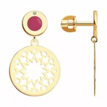 Золотые серьги с фианитами и эмалью