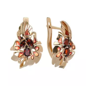 Золотые серьги с гранатами и эмалью "Цветы"