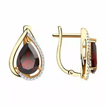 Золотые серьги с гранатами и фианитами