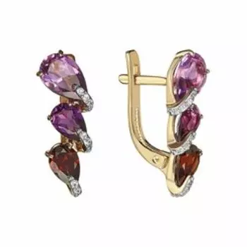 Золотые серьги с гранатом, аметистами и фианитами