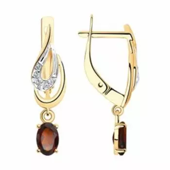 Золотые серьги с гранатом и фианитами