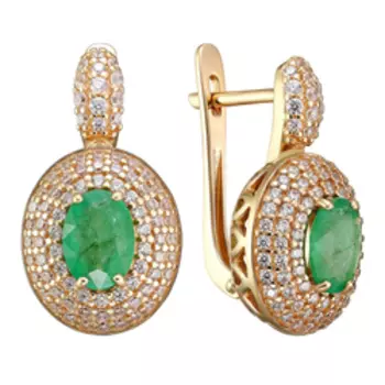 Золотые серьги с изумрудами и фианитами