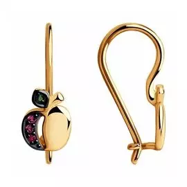 Золотые серьги с корундами и фианитами "Яблочки"