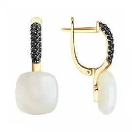 Золотые серьги с лунными камнями и фианитами