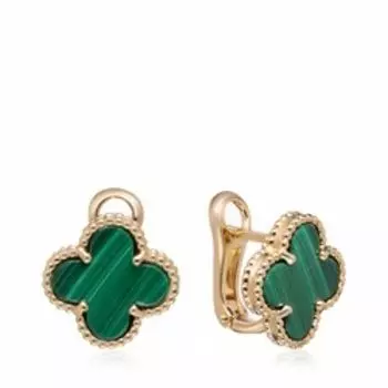 Золотые серьги с малахитом "Четырехлистник"