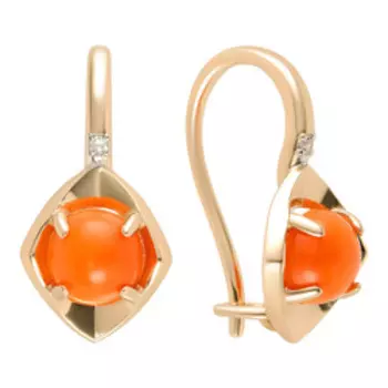 Золотые серьги с оранжевыми кораллами и бриллиантами