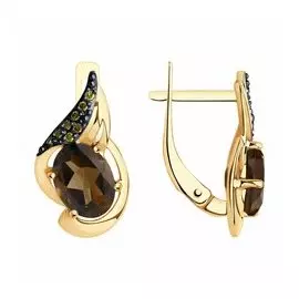 Золотые серьги с раухтопазами и фианитами