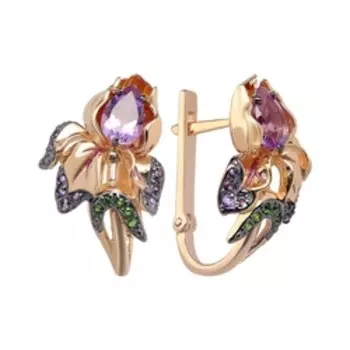 Золотые серьги с самоцветами "Цветы"