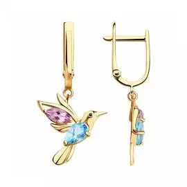 Золотые серьги с топазами и аметистами "Колибри"
