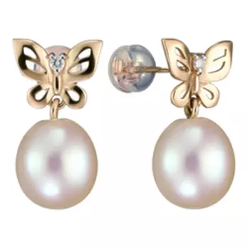 Золотые серьги с жемчугом и бриллиантами "Бабочки"
