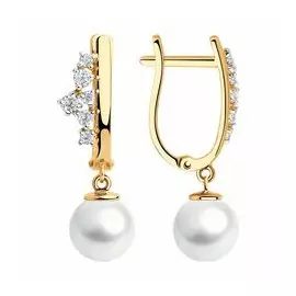 Золотые серьги с жемчугом и фианитами