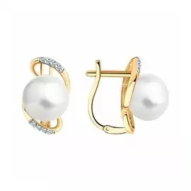 Золотые серьги с жемчугом и фианитами