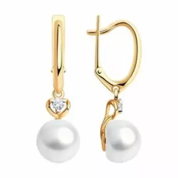 Золотые серьги с жемчугом и фианитами
