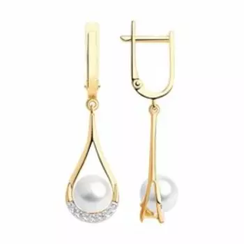 Золотые серьги с жемчугом и фианитами