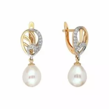 Золотые серьги с жемчугом и фианитами