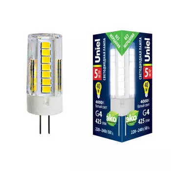 Лампа светодиодная Uniel G4 5W 4000K прозрачная LED-JC-220/5W/4000K/G4/CL GLZ09TR UL-00006745