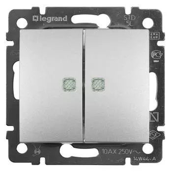 Переключатель двухклавишный Legrand Valena 10A 250V с подсветкой алюминий 770128