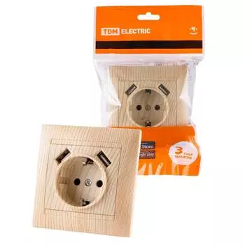 Розетка 2P+PE/2хUSB TDM Electric Лама сосна SQ1815-0342