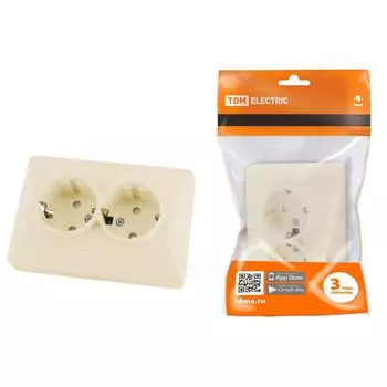 Розетка двойная 2P+PE TDM Electric Ильмень со шторками слоновая кость SQ1823-0116