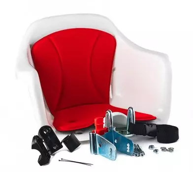 Детское велокресло HTP Desing, на рулевую трубу, белое с красной накладкой, до 15 кг, HTP 020 MILU white/red