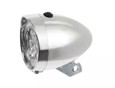 Фара велосипедная, 3 белых диода, хромирований, серебристый корпус, на батарейках, 460089