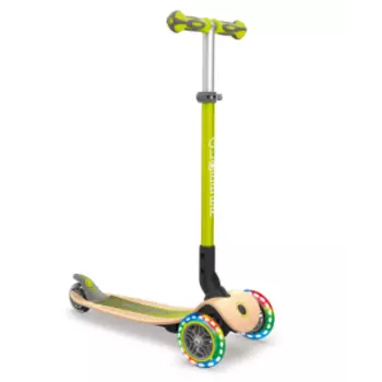 Самокат Globber PRIMO FOLDABLE WOOD LIGHTS, детский, трехколесный, складной, светящиеся колеса, зеленый, 436-106