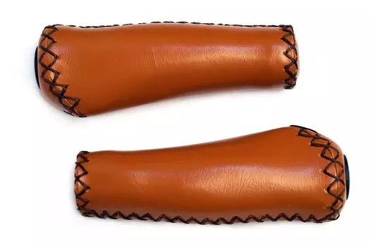 Грипсы велосипедные MTB JOY KIE 130mm, эргономические, резина\кожзам, коричневые, HL-GB310 brown