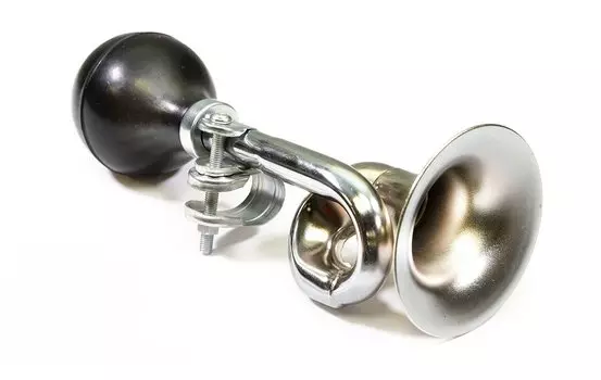 Клаксон велосипедный TRIX, гнутый, один рожок, 73х180мм, металл-резина, черно-серебристый, AH-TX-10-08-BKSL