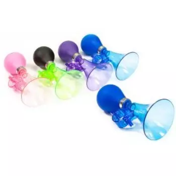 Клаксон велосипедный TRIX, механический, прямой, один рожок, 72х150мм, пластик/резина, прозрачный-синий, AH-TX-8-20-BL