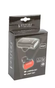 Комплект фара+фонарь для велосипеда VENTURA галогеновая +3 диода/3 функции красный с батареями