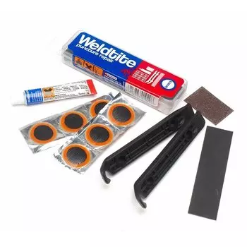 Аптечка WELDTITE , с монтировками, 6 суперзаплаток D:25мм, заплатка для покрышки 94х24мм, шкурка, клей, 1029