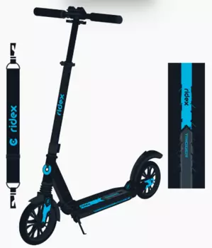 Самокат RIDEX Trigger, 2-х колесный, складной, 200 мм, дисковый тормоз, черный/голубой