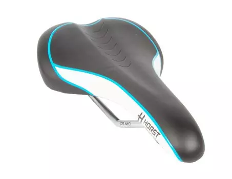 Седло велосипедное HORST, спорт, 278х140 мм, облегченное, эластомерное, черно-бело-синее, 9-151353